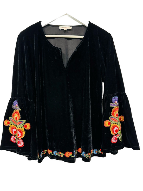 Solitaire Tops - Solitaire Black Velvet Embroidered Boho Bell Sleeve Top M Boho Whimsigoth Folk